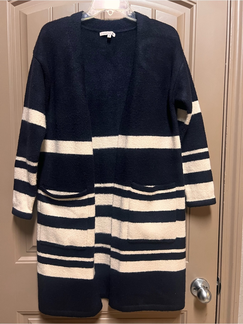 Just Madison Longline Open-Front Cardigan Sweater Navy and Ivory Striped Size M